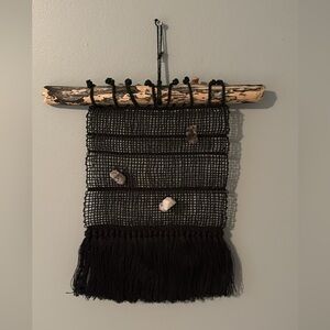 Black Linen Woven Wall Hanging with Pink Opal